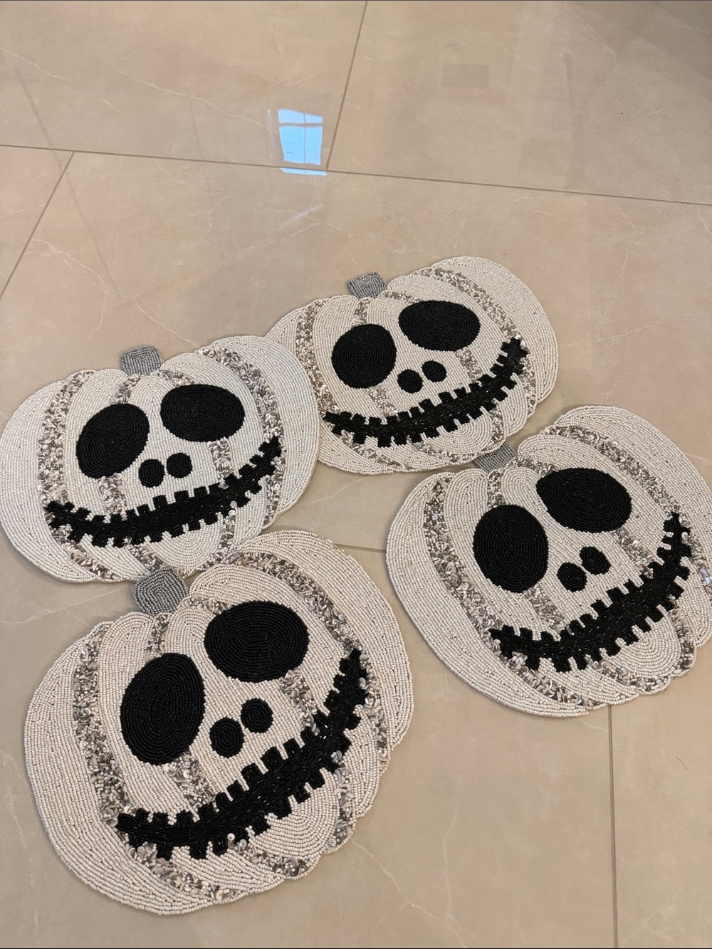 Beaded Skull Pumpkin Placemats Set of 4 - White and Black